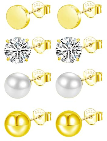 Hinvan Förpackning med 4 par örhängen dam 925 sterling silver 14K guldpläterade gnistrande boll pärlörhängen med zirkon diamant hypoallergen damörhängen guld piercing