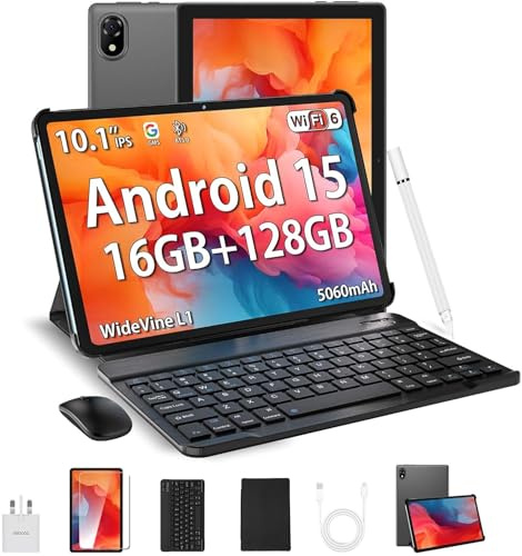 DOOGEE U10 2025 Newest Android 15 Tablet with Keyboard, 10 Inch Tablet, 16GB+128GB/2TB, WiFi 6 Android Tablets, 5060mAh/3.5mm Jack/8MP+5MP/BT 5.0/OTG/Widevine L1, Tablets with Pen, Mouse&Case, Gray