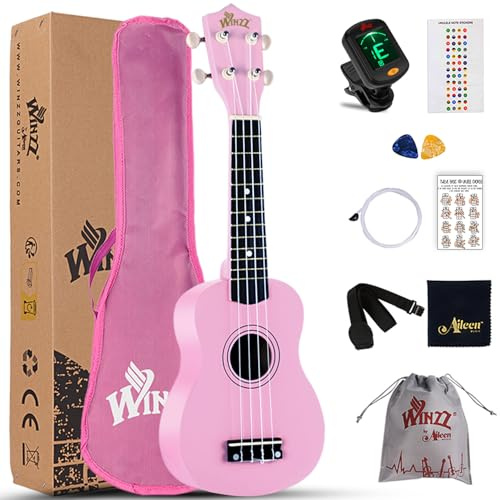 Winzz Soprano Ukulele Startkit för Nybörjare med Väska, Clip-On Tuner, Extra Strängar, Rem, Plektrum för Tillbehör, Ackordskort, Poleringstrasa 21 Soprano Rosa
