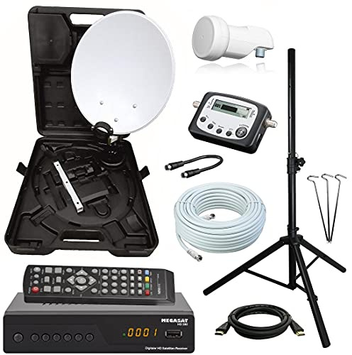 netshop 25 Camping SAT Koffer Schüssel mit HD Receiver, Single LNB und 10m Kabel + Digital SAT-Finder + Dreibein Stativ (Mobile Sat Anlage 1 Teilnehmer) Set