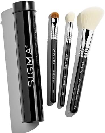 Sigma Beauty Travel Essential Trio – Make-up Pinsel Set für Foundation, Puder, Lidschatten – 3 Pinsel mit Aufbewahrungsdose – Hautfreundliche, vegane Make-up Pinsel für Reisen – Schwarz