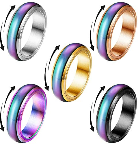YADOCA 5 Pcs Mood Rings Spinner Rings for Women Men Girls Kids Stainless Steel Emotion Ring Temperature Changing Color Stress Relieving Fidget Ring Anxiety Rings N 1/2