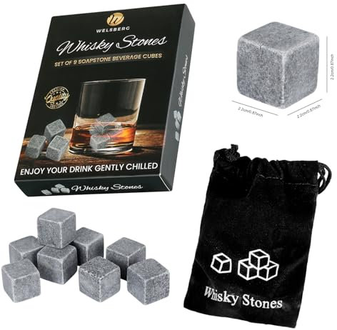 Welsberg Set di pietre per whisky in steatite naturale - “On the rocks”, cubetti raffreddanti con pratico sacchetto in stoffa 9er Set Whisky Steine