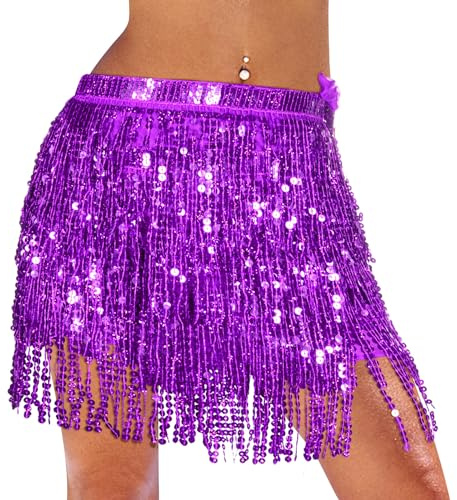 Monbessi Cute Tassel Belly Dance Skirt with Glitter for Women and Girls - Purple