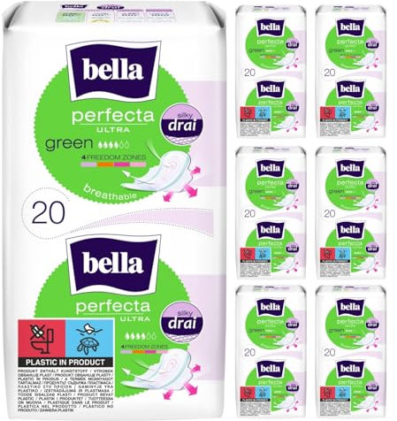 bella Perfecta Ultra Damenbinden Green mit Flügeln, Parfümfrei und Atmungsaktiv (7x20 Stück)