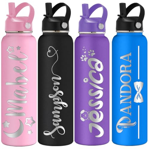 YanNanKe Borraccia personalizzata per bambini e adulti, con coperchio con cannuccia, da 30,5 cm, 40,5 cm, 60 ml, 1134 g, bottiglie d'acqua personalizzate con nome inciso in acciaio inox, borraccia