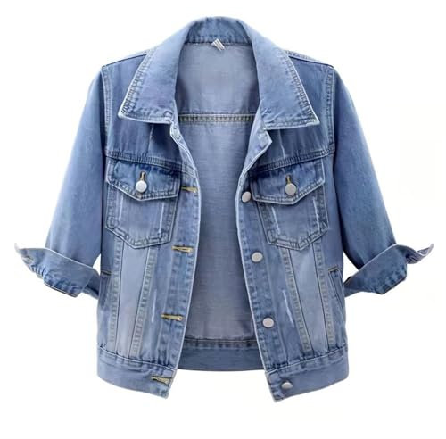 Dam-halfärm med krage distressed coat damtvättad cropped jeansjacka sliten jean cardigan sjal(2X-Large)