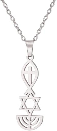 EUEAVAN Collier Sceau Messianique Sceau Messianique de Jérusalem Collier pendentif Etoile de David, Ichthus avec Croix, Menorah, Collier Etoile Juive Bijoux Religieux Hanukkah (A-argent)