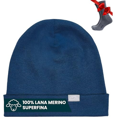 Merino.tech Gorros Lana Merino Puños - Gorro Trekking Hombre y Mujer Imprescindibles para el Invierno (Denim, Large-Xlarge)