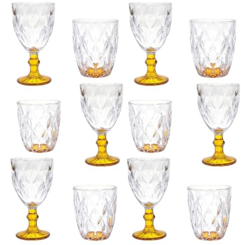 Set 12 Bicchieri 6 acqua 6 vino calici con piede in Vetro trasparente Giallo da tavola Eleganti Stile Raffinatezza in casa per Ogni Tavola e Occasione bar hotel ristorante