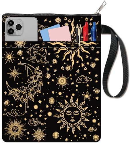 craspire Housse de Protection pour Livre Soleil Lune Étoile Noire Lavable en Tissu avec Fermeture Éclair et Pochette Supplémentaire Idéale pour Les Amoureux des Livres et Les Camarades de Classe.