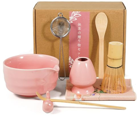 Matinaes Matcha - Set da tè in ceramica di alta qualità, design giapponese, per la preparazione di caffè al latte (rosa)