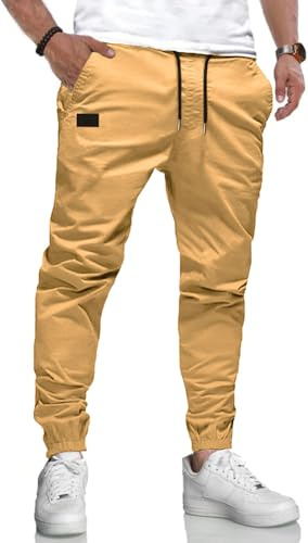 LIUPMWE Hommes Pantalon Chino Cargo Pantalon de Jogging Hommes Coton Casual Sweatpants Hommes Pantalons de Loisirs Taille élastique avec des Poches de Cordon de Serrage，L，Jaune-2