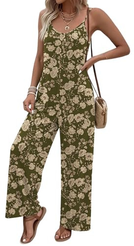 Ekouaer Women Jumpsuits Casual Sleeveless Spaghetti Strap Long Pants Romper Summer Outfits with Pockets Army Green Floral XL
