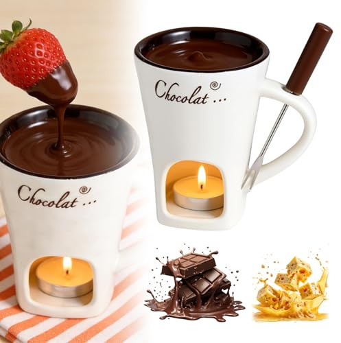 FARYODI Chokladfondue-kopp, set med gafflar, 135 ml keramisk chokladfondue-kopp för choklad, ost, smör, karamell (vit chokladfondue-koppar)