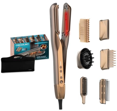 Cecotec Piastra e Asciugacapelli per Capelli AirLisse 6in1 iTwerk Champagne. 1000 W, 112000 rpm, Piastre Vibranti, Doppia Piastra Riscaldante, Tecnologia Infrarossi, 3 Modalità, Plasma, 6 Accessori