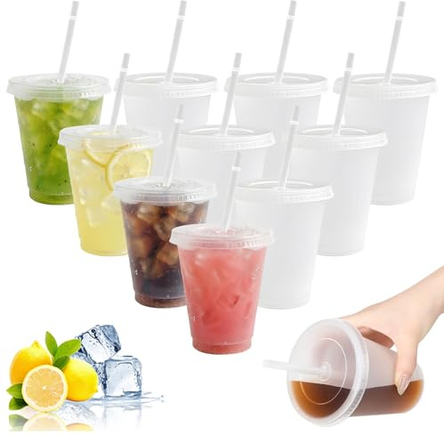 Lekeeu Bicchieri di Plastica con Cannucce e Coperchi 10 Pezzi Bicchieri da Caffè Ghiacciati a Freddo Riutilizzabili 475 Ml/16oz Tazza da Festa Bicchieri da Viaggio per Caffè e Frullati