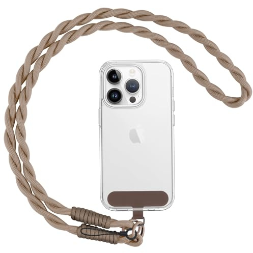 Coiwxmoi Cordino per Cellulare Universale Laccio per Cellulare, Rimovibile Cordino da Collo Nylon Catena Collana Tracolla con Toppa di Fissaggio, Elegante Compatibile con Tutti Gi Smartphone, Cachi