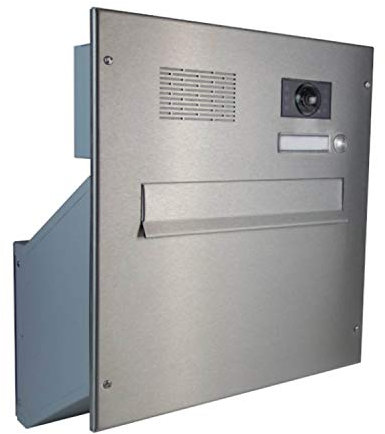D-241 Edelstahl Mauerdurchwurf Briefkastenanlage mit Klingel, Sprechsieb & Kamera (Tiefe: 23-38 cm) - LETTERBOX24.de