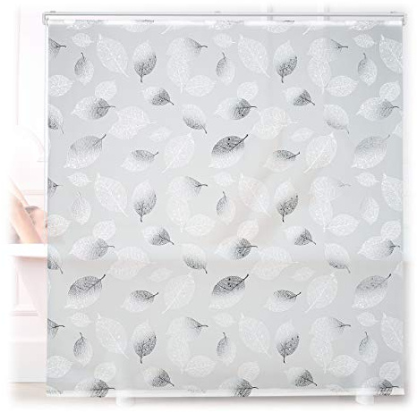 Relaxdays Cortina Enrollable Ducha Estampado de Hojas, Cortina Bañera 160x240cm, Sujeción Techo/Ventana, Blanco y Negro