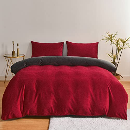 Chanyuan Set di biancheria da letto, in caldo pile e cashmere, morbido al tatto, set da 2 pezzi, con copripiumino da 135 x 200 cm e federa da 80 x 80 cm, corallo, rosso vinaccia, grigio