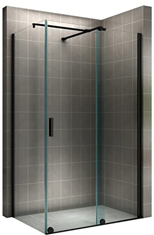 i-flair Cabina de ducha Nadine, 140 x 80 cm, mampara de ducha con puerta corredera en negro, cristal de seguridad templado de 8 mm, cristal transparente, montaje a izquierda y derecha
