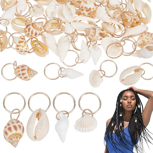 PLIGREAT 60 Pcs Conch Seashell Dreadlock Rings Beach Braids Hair Jewellery | Hair Rings for Braids Locs Twists, Beach Hair Jewellery Making, DIY Craft Supplies, Hair Charms for Women Men