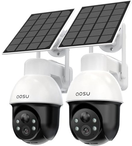 aosu 3K/5MP Solar Security Cameras System Wireless Outdoor, Battery Powered WiFi Camera for Home Security, Panoramic PTZ, Auto Tracking, Human/Vehicle Detection, Color Night Vision (2 Pack)
