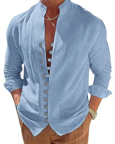 NANAMEEI Chemise en Lin pour Homme Manches Longues Chemise Décontractée Col Mao Boutonné Chemises de Plage Eté
