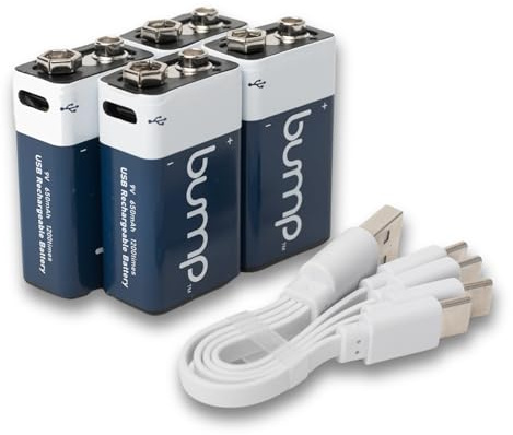 bump - Rechargeable 9V Batteries - 4 Pack Lithium Ion Batteries with 4-1 Charging Cable - Fast and Long Lasting USB-C Charge - Ideal for Smoke Detectors, Fire Alarms, Transistor Radios and TENS Units