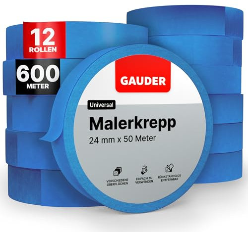 GAUDER Ruban de Masquage pour Peinture - Ruban Adhésif de Précision pour Travaux de Rénovation, Décoration et Bricolage - Bande de Peinture Facile à Retirer sans Résidus (12 Rouleaux - 24 mm x 50 m)