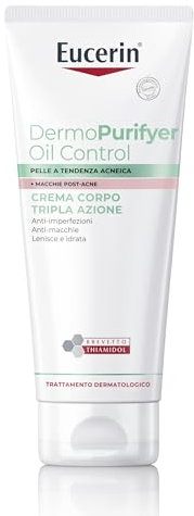 Eucerin DermoPurifyer Oil Control Crema Corpo Tripla Azione 200 ml, Crema acne esfoliante corpo anti imperfezioni e macchie arricchita con Acido Salicilico, Formula idratante per pelle acneica