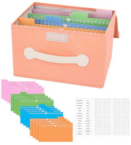 slcinwzdt Collapsible Greeting Card Storage Box with 16 Dividers, Ideal for Cards, Recipes, Photos, Envelopes - Pink, 84 Labels