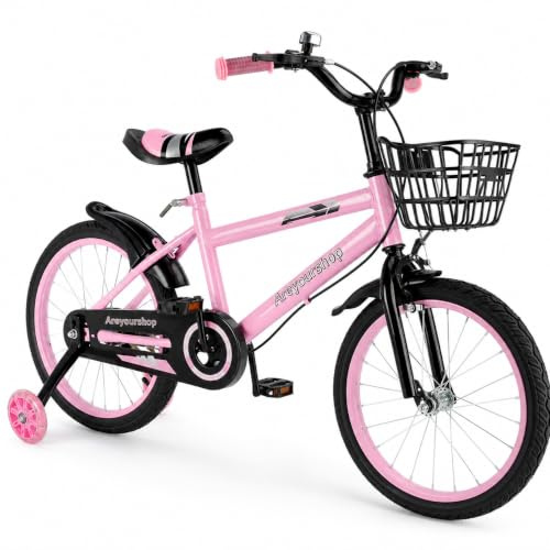 Areyourshop Vélo pour enfant de 18 pouces, siège et guidon réglables, cadre en acier au carbone, double freins, roues à rayons résistantes aux chocs, roues flash magnétiques, roues stabilisatrices