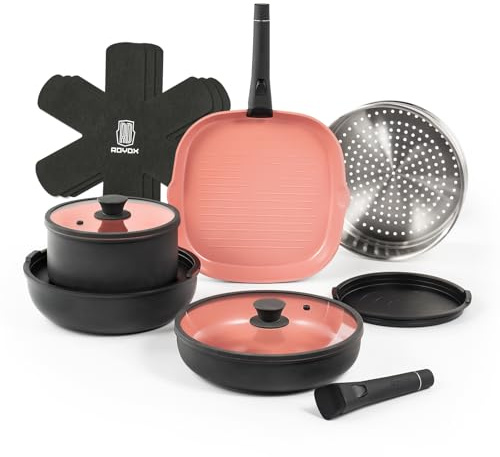 ROYDX Titanium Ceramic Pots and Pans Sets Non Stick, Saucepan Set with Lids and Removable Handles, Lightweight and Solid