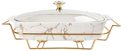 jinsongdafa Porzellan-Auflaufform mit Glasdeckel und -rost, 2200 ml Suppenterrine, Chafing Dish für Buffets, Auflaufform zum Aufbewahren von Lebensmitteln für Partys