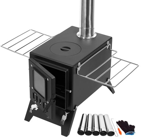 CURFAIR Wood Burning Stove, Portable Foldable Camping Outdoor High Temperature Resistant Hot Tent Stove with Chimney for Hiking, Cooking,Beach,Backpack,Picnic,Party (Black)