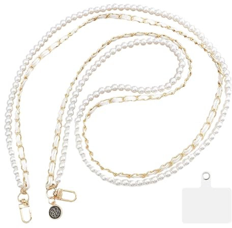 HUSOUE Handykette Perlen, Universal Doppelschicht Handyketten Leder Handyband mit Klarem Einsätzen Taschenkette Perlen Trageriemen Halsband Kompatibel für Meisten Smartphones (Weiß)