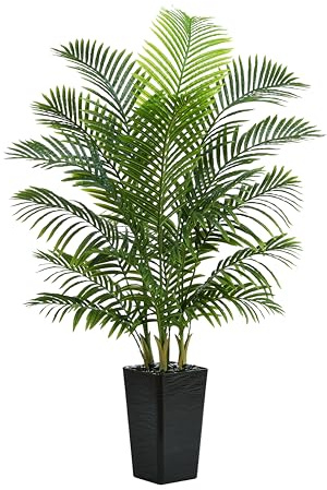 TNGGNT Artificial Palm Tree：5FT Tropical Fake Silk Plant UV Resistant Faux Areca Palm with White Planter & Black Pebbles for Home Office Living Room Decor Indoor Patio Porch Balcony (5FT,1-Pack,Black)