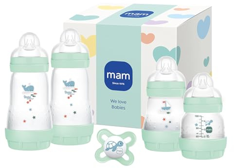 MAM Easy Start Anti-Colic Neugeborenen-Set | 0+ Mon | Babyflaschen Geschenk-Set | 94% Akzeptanz | 96% Hebammen-Empfehlung | 80% weniger Koliken | 4 Trinkflaschen & 1 Original Start Schnuller | mint