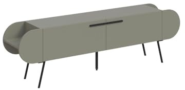 FWStyle Ash Green Capsule TV Stand with 2 Doors & Side Shelves – Modern TV Unit with Metal Legs & Storage Compartments, 195cm Wide, for Living Room or Bedroom