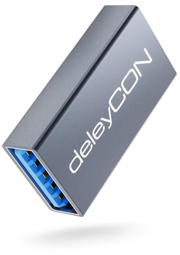deleyCON Adaptador USB 3.0 Acoplador de Aluminio 5 Gbps - Hembra A a Hembra A - Unir y Alargar 2 Cables USB