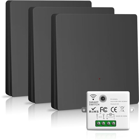 Juego de interruptores de luz inalámbricos con interruptor de pared, interruptor inalámbrico y receptor inalámbrico 2200 W/10 A, interruptor inteligente 2,4 G, 230 V, negro 3 + 1