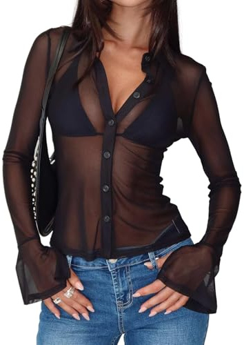 Alaurbeauty Camicetta trasparente da donna con bottoni, stile Y2K, maniche lunghe, collo a risvolto, scollo a V, top in rete, look vintage, camicetta basic trasparente, Nero , M