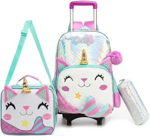 HTgroce Trolley Escolar Niña Gato Mochila con Ruedas 3 en 1 (Mochila + Portameriendas + Estuche). Carro Extraíble