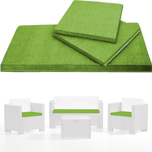 HAND - Tris di Cuscini da Esterno Sfoderabili per Poltrone e Divanetto - Cuscini Esterno Giardino uscinii, Salottini Rattan, 100% Cotone, Made in Italy (Verde Mela)