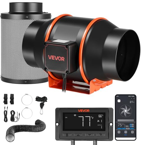 VEVOR Ventilador de Conducto en Línea 3000 RPM, Extractor con Kit de Ventilación, Motor EC, 683 m³/h, 10 Velocidades, Sensor de Temperatura y Humedad, Controlador PWM y App, para Armarios de Cultivo