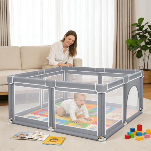 Yunvin Baby Playpen for Toddlers and Babies, 180 x 200 x 68cm Sturdy Infant Activity Center with Breathable Mesh and Rings Toddlers' Safety Playground with Non-Slip Base, Grey