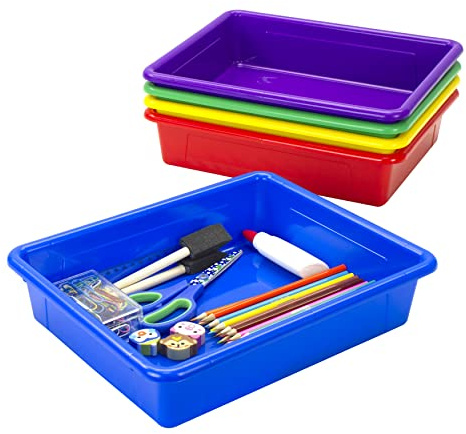 Storex Letter Size Flat Storage Tray – Organizer Bin for Classroom, Office and Home, Assorted Colors, 5-Pack (62514E05C)