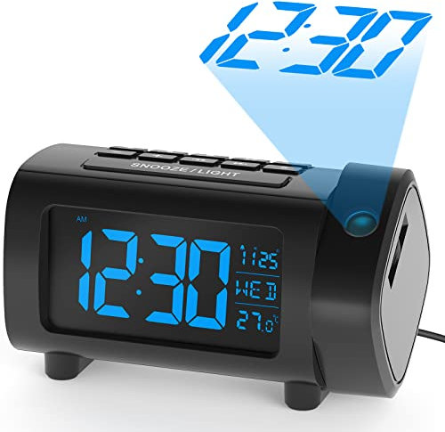 LIORQUE Sveglia con Proiettore Sveglia Digitale da Comodino Display VA con Dimmer Snooze modalità Weekend Grandi Numeri Temperatura Data Ora Legale Porta USB